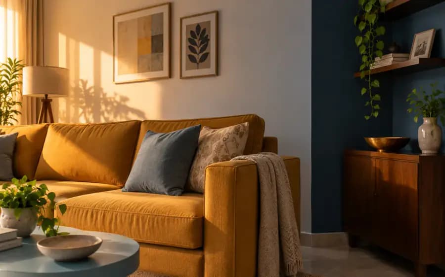 Living room with a mustard sofa against a pale wall and blue tables