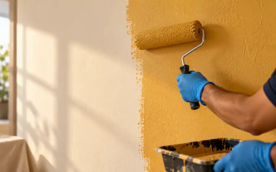 Painter rolling fresh yellow paint across an interior wall