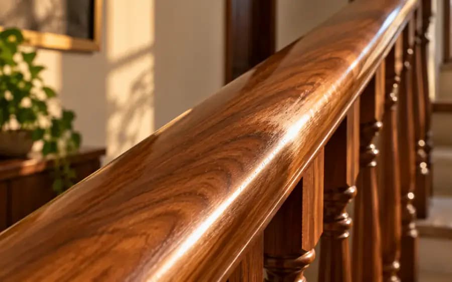 Polished wooden railing and furniture catching warm interior light