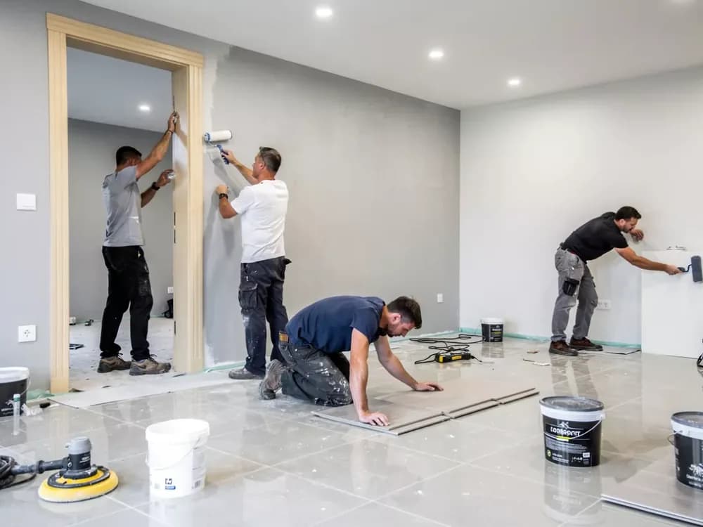 Finishing crew rolling walls and detailing trim in a newly prepared interior