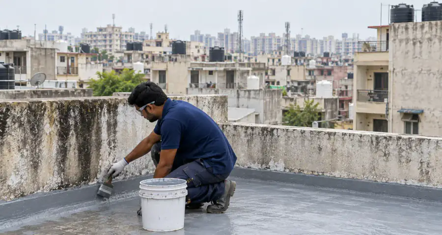 A residential street or society in Ghaziabad, with a crew working on a façade