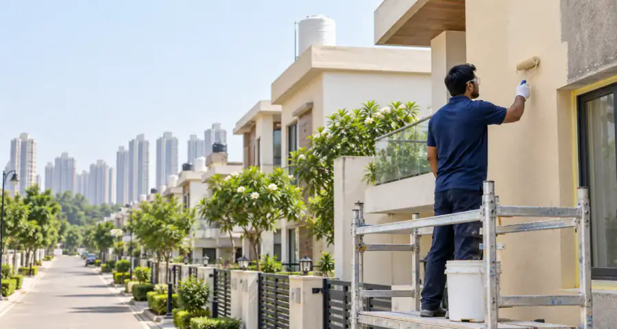A residential street or society in Greater Noida, with a crew working on a façade