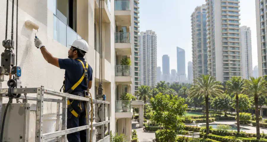 A residential street or society in Gurgaon, with a crew working on a façade