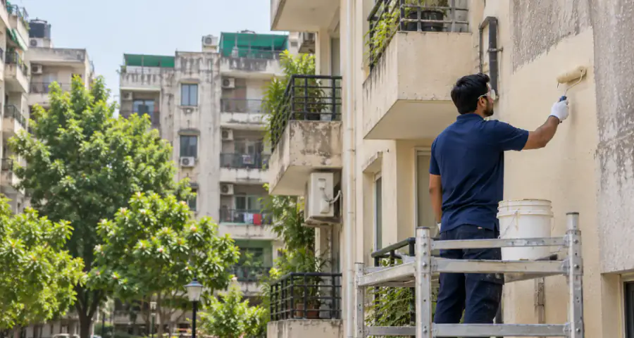 A residential street or society in Indirapuram, with a crew working on a façade