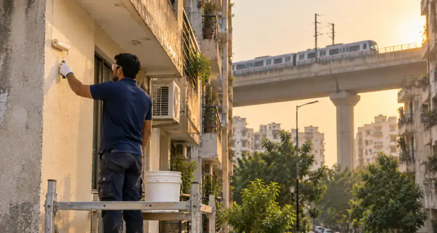 A residential street or society in Kaushambi, with a crew working on a façade