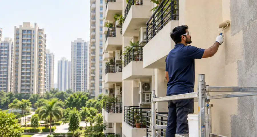 A residential street or society in Noida, with a crew working on a façade