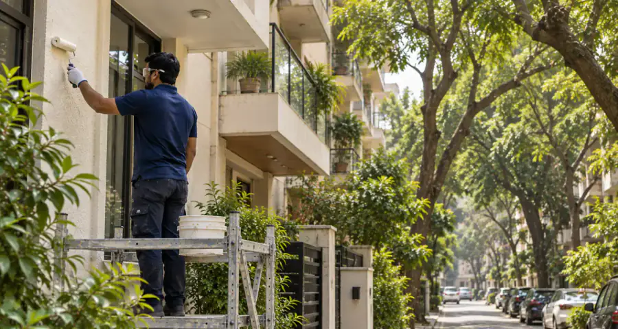 A residential street or society in Saket & South Delhi, with a crew working on a façade