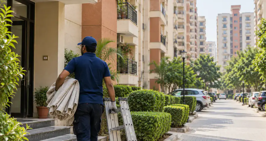 A residential street or society in Vaishali, with a crew working on a façade