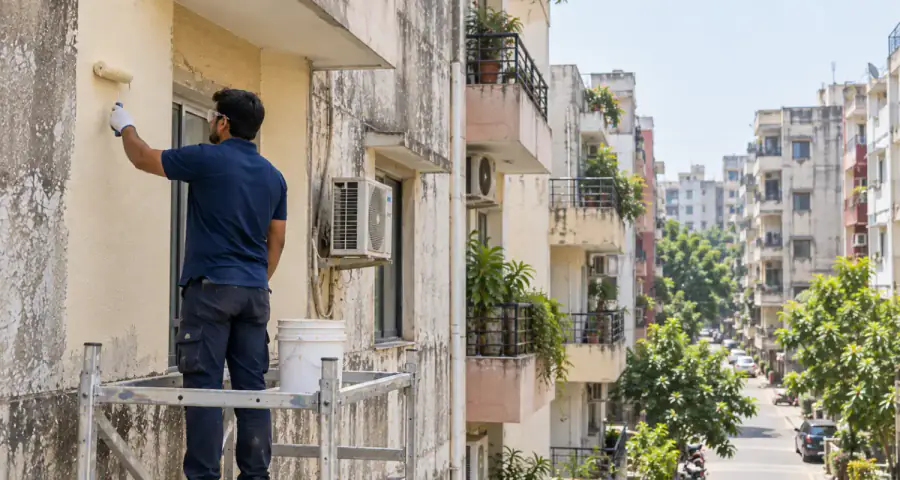 A residential street or society in Vasundhara, with a crew working on a façade