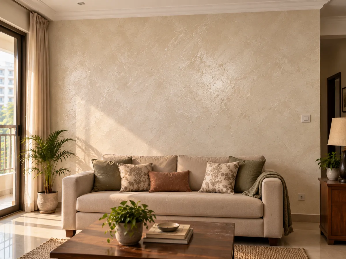 Living room feature wall — flaking distemper replaced with stucco — after