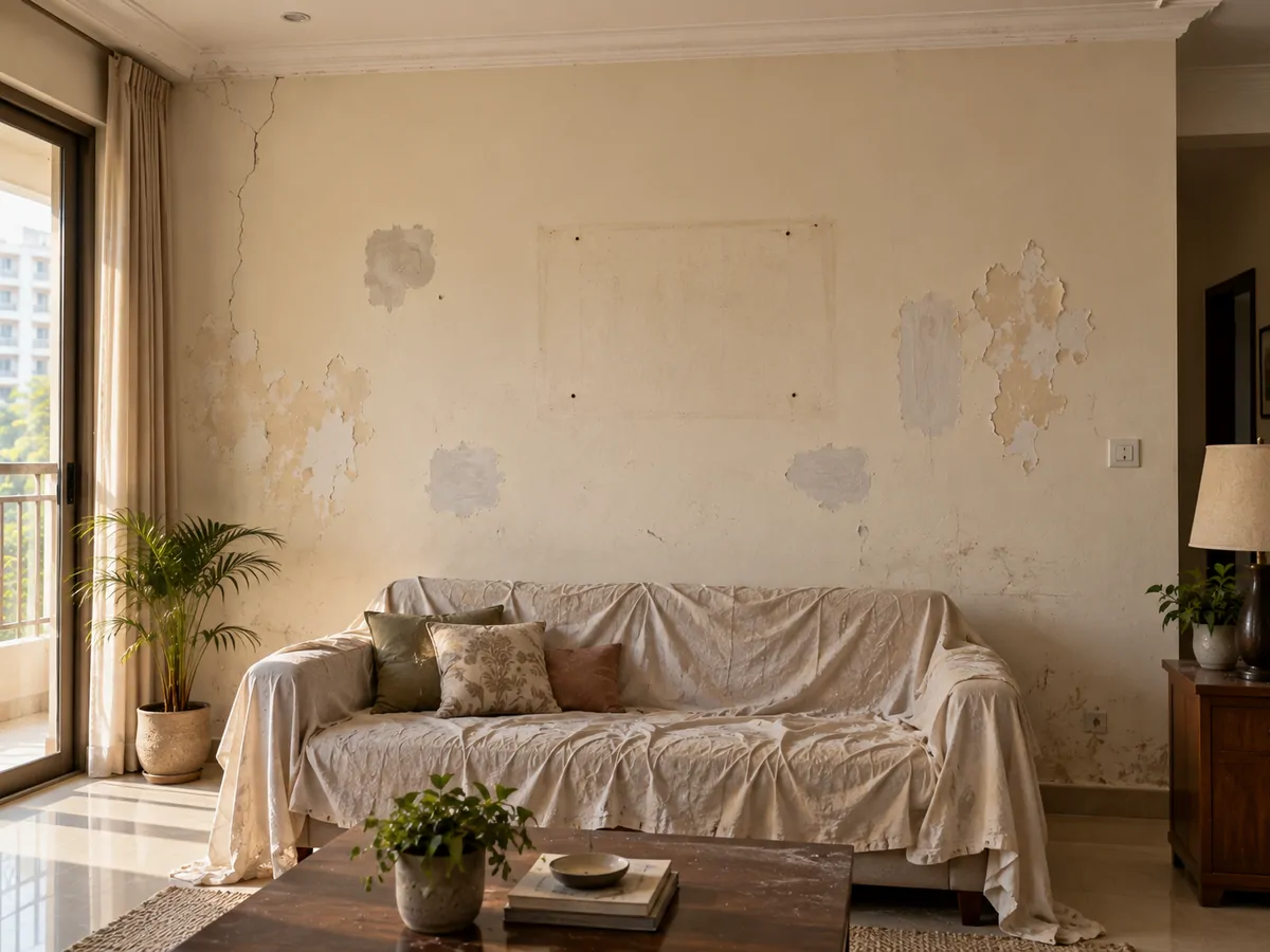 Living room feature wall — flaking distemper replaced with stucco — before