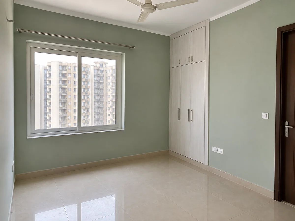 Bedroom — blotchy blue-grey stripped back and recoated in sage — after