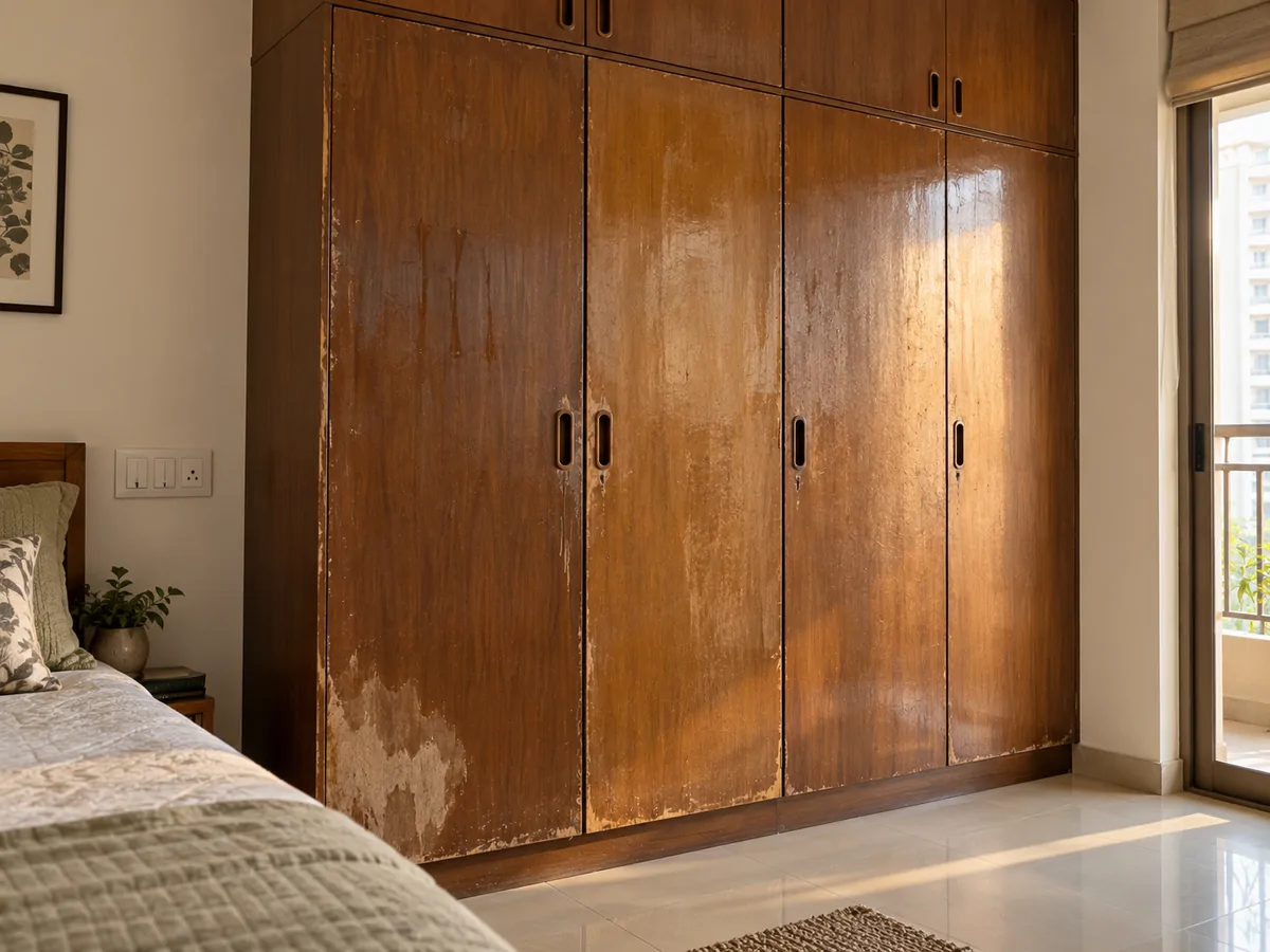 Wardrobe run — failed melamine stripped back and sprayed in PU — before