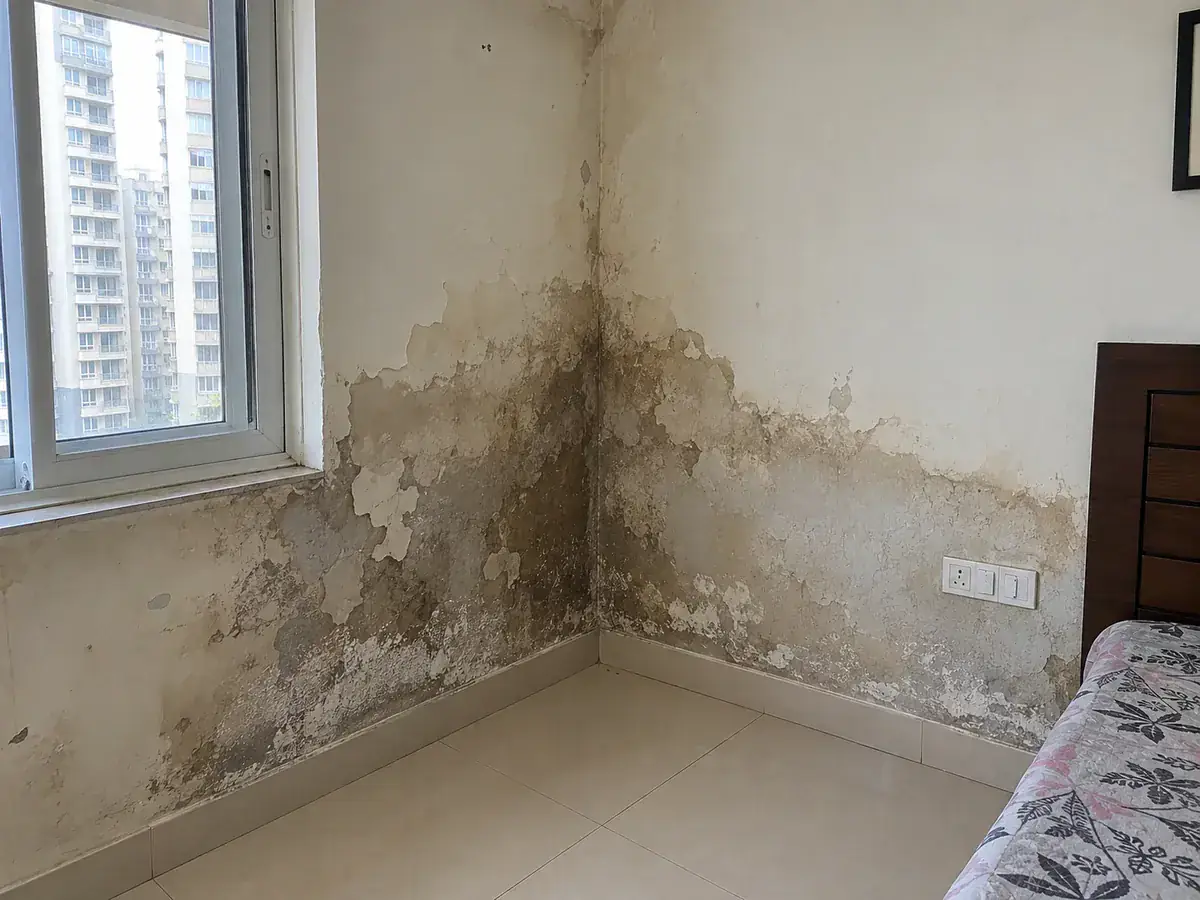 Bedroom corner — damp traced, replastered and repainted — before