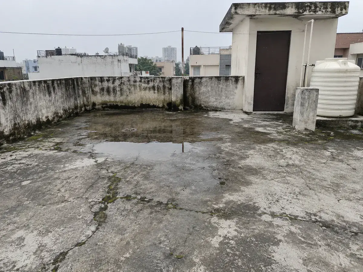 Terrace — cracked, ponding screed sealed under a coved membrane — before