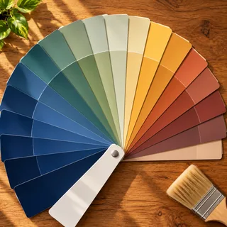 Paint fan decks and brushes laid out for shade selection