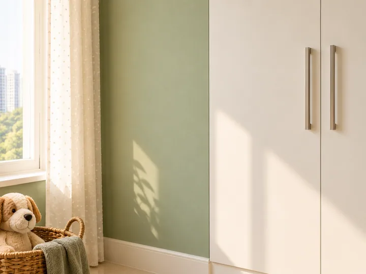 Soft green nursery walls with white joinery
