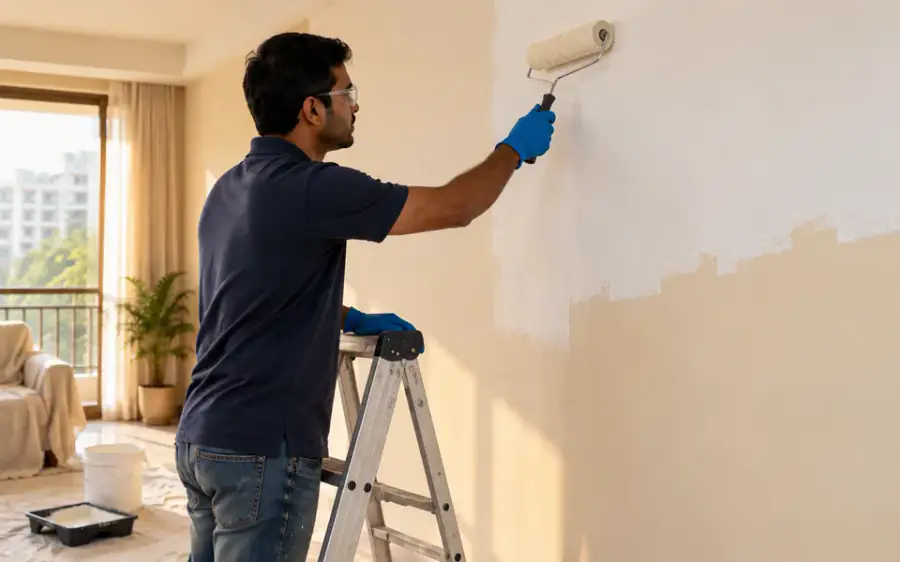Painter working from a ladder with a roller and paint tin
