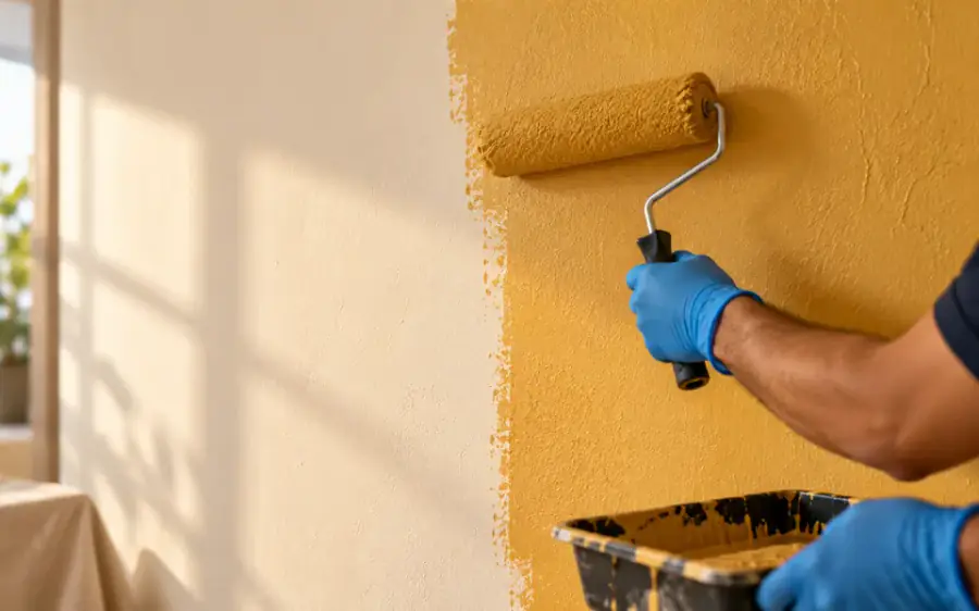 Painter rolling fresh yellow paint across an interior wall