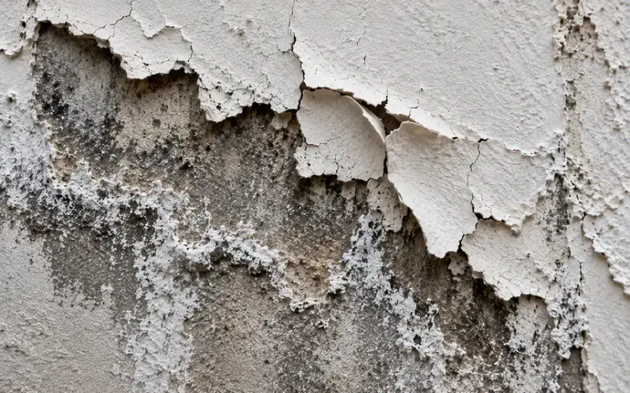 Close-up of a wall surface with paint peeling away from damp