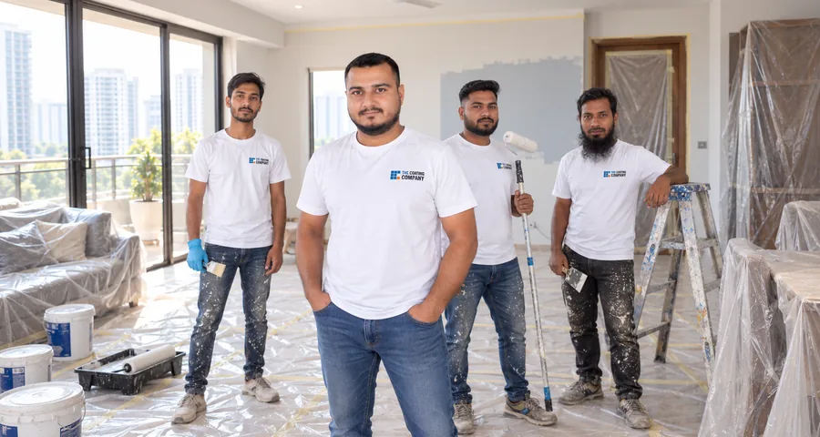 Ansar Khan and the crew on a finished job, everyone in company T-shirts