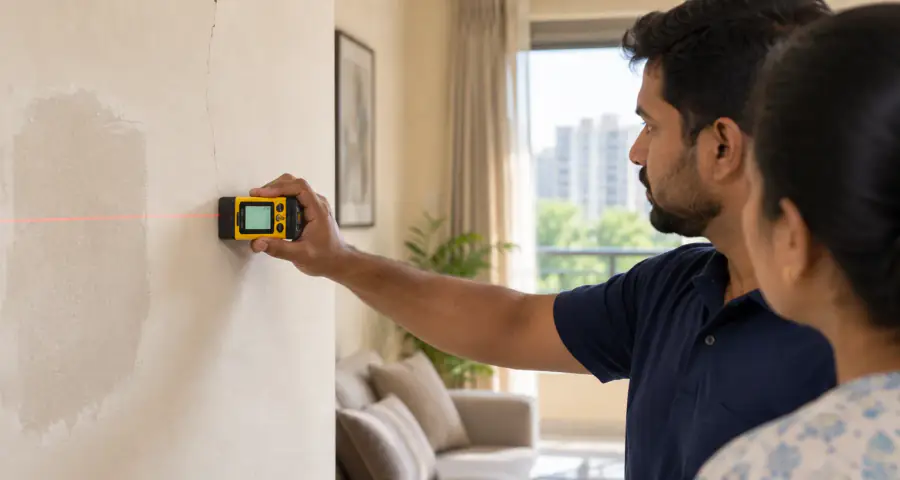 Crew lead measuring a wall with a laser distance meter during a free site visit