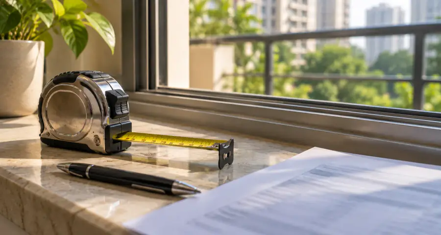 Tape measure, notepad and a per-sq.ft written quote resting on a windowsill