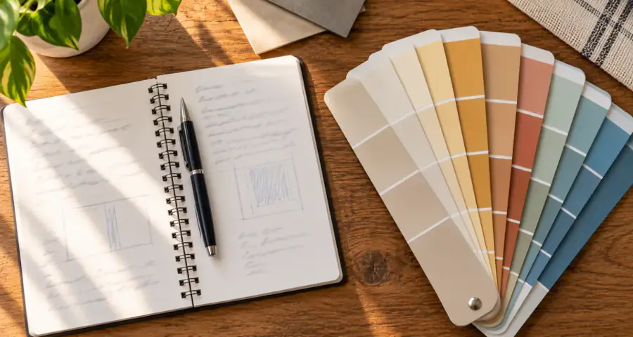 Fan decks, brushes and a marked-up notebook laid out on a work surface