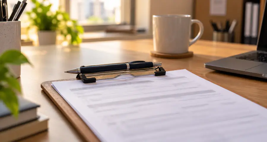 An enquiry form and a signed quote on a clipboard, desk in soft focus