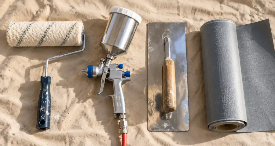 The four trades in one frame — a roller, a spray gun, a trowel and a membrane roll laid out on a job