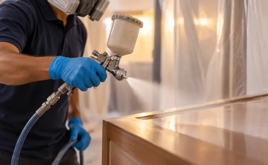 Technician spray-polishing a wardrobe shutter inside a sheeted dust-controlled zone