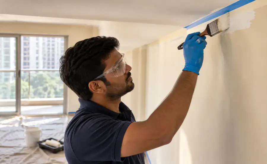 Painter cutting in a ceiling line during an interior repaint, floor sheeted and sockets masked