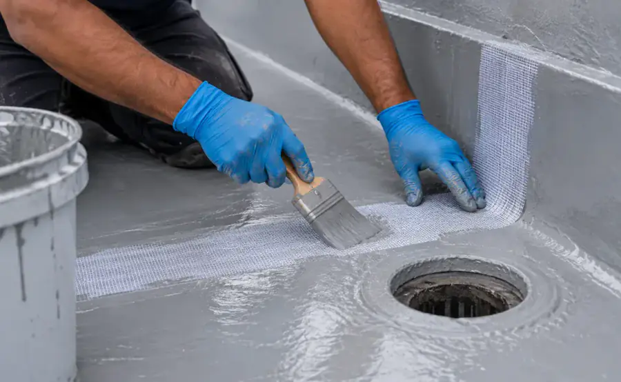 Waterproofing membrane being detailed at a terrace drain junction