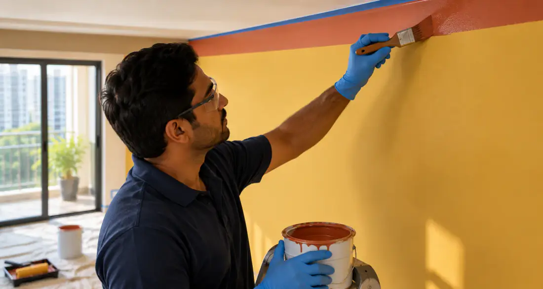 Painter cutting in a terracotta ceiling line above yellow walls, floor sheeted and paint tins ready