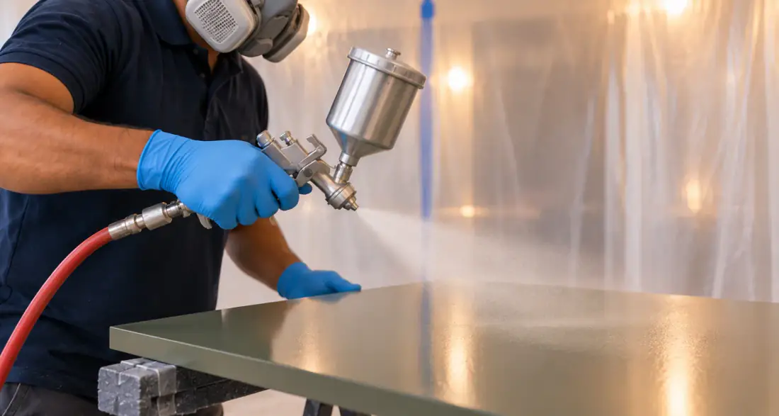 Technician in a respirator spraying an even coat from a compressor-fed spray gun