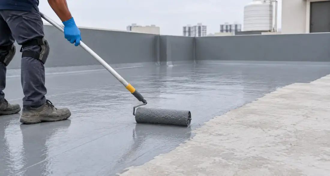 Two workers roller-applying a grey waterproof membrane across a concrete terrace