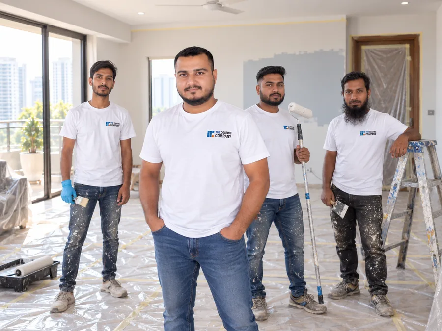Ansar Khan and the crew on a Delhi NCR job, furniture and floors under protective sheeting