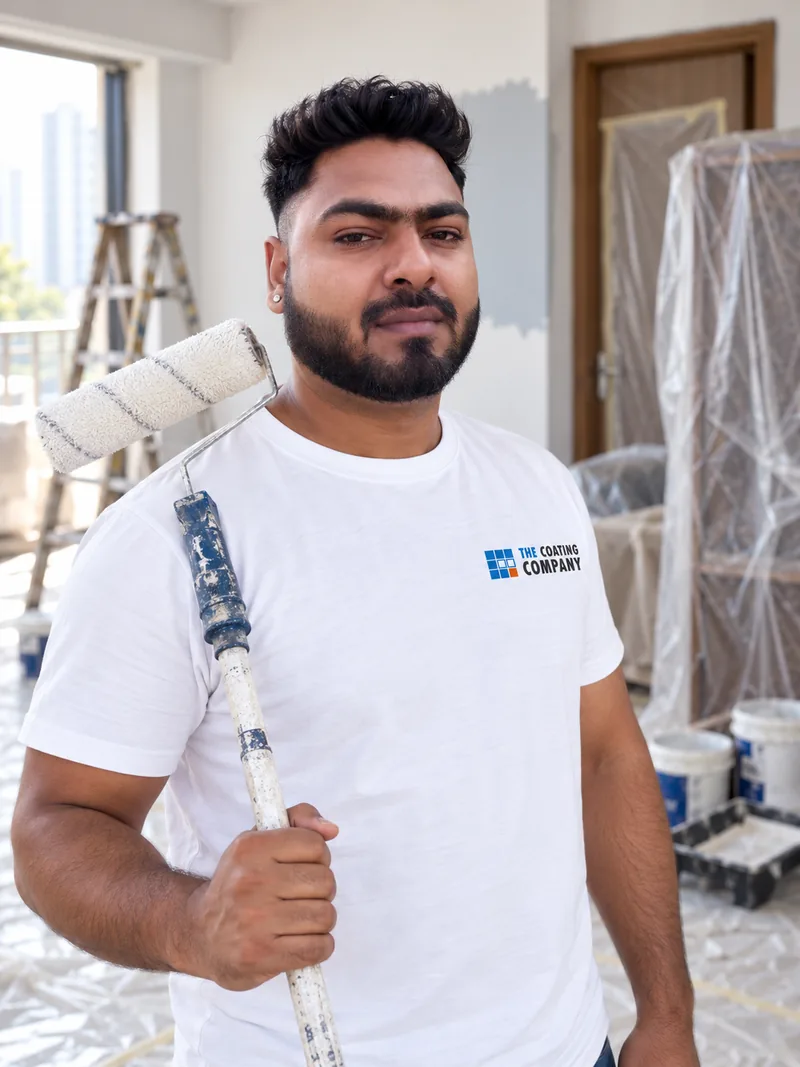 Jainul, site supervisor, with a roller on a pole resting on his shoulder