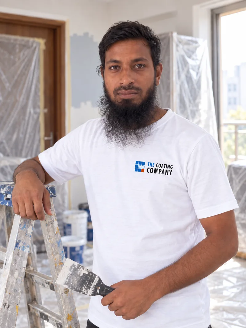 Mohd Chand, senior painter, with a putty knife beside a stepladder on site