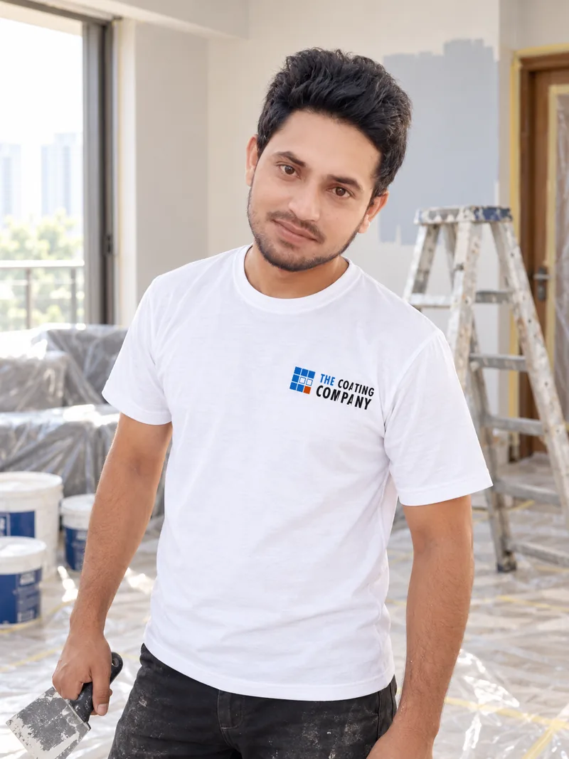 Salman, painter, with a filling knife in a part-painted Delhi NCR flat