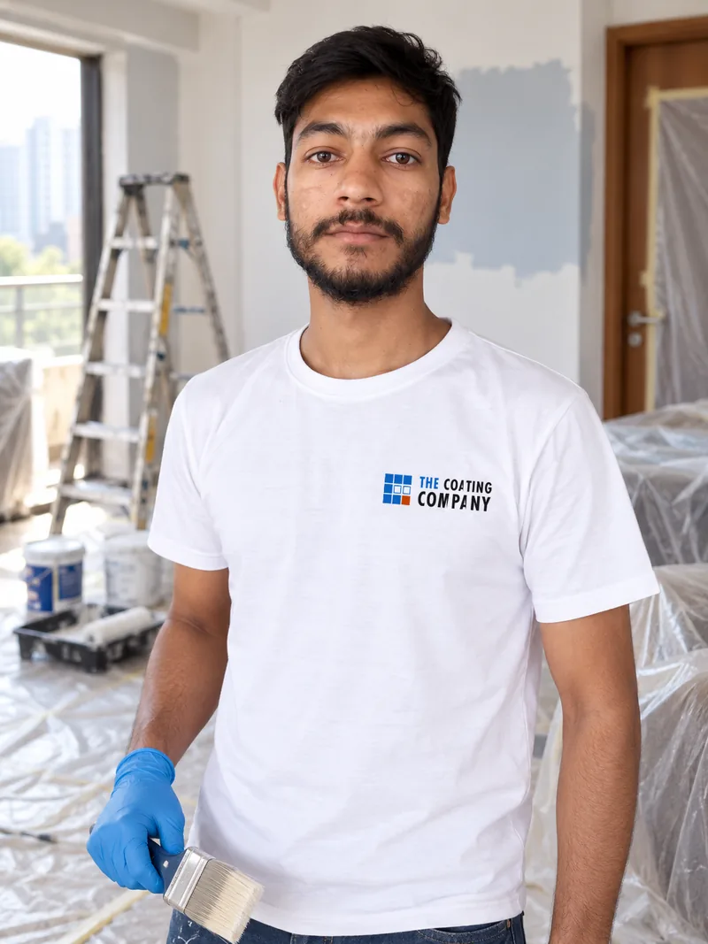 Sohaib, painter, holding a brush in a gloved hand in a sheeted room