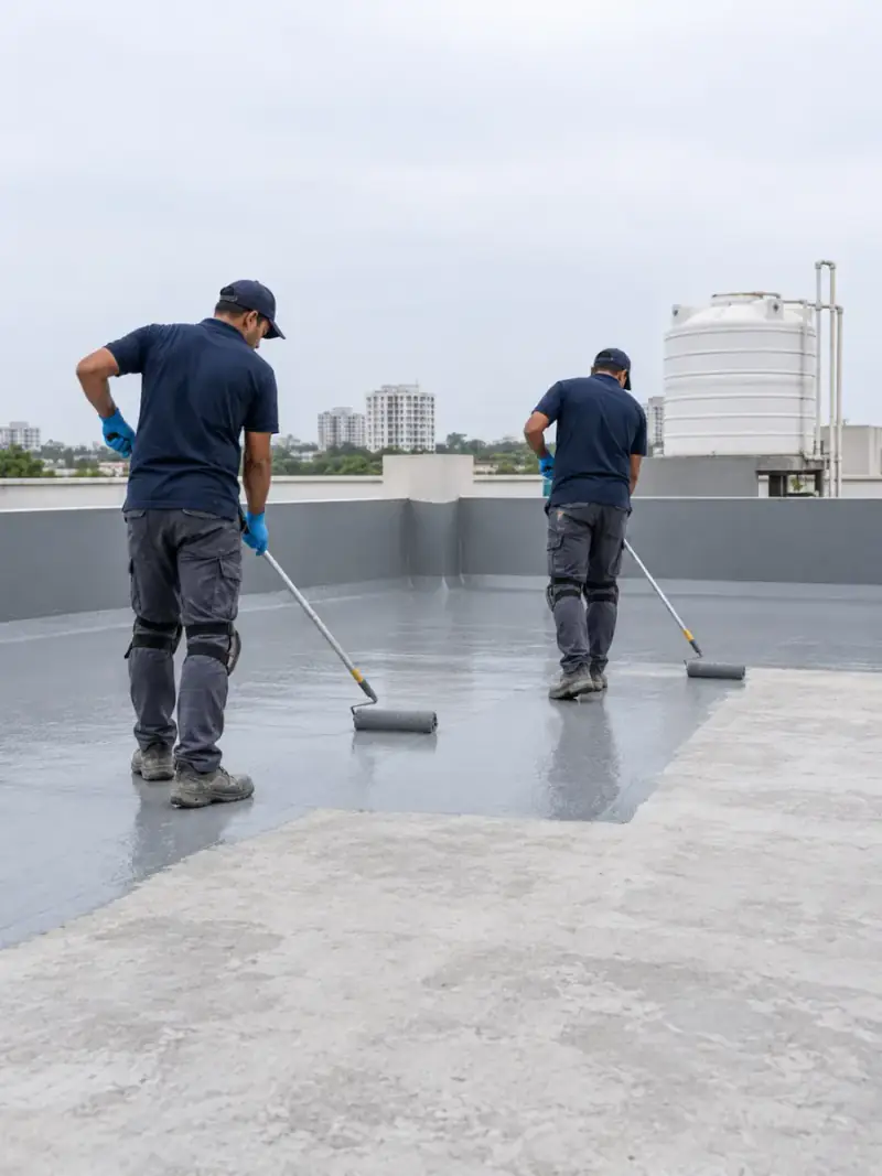 Workers roller-applying a grey waterproofing membrane across a concrete terrace